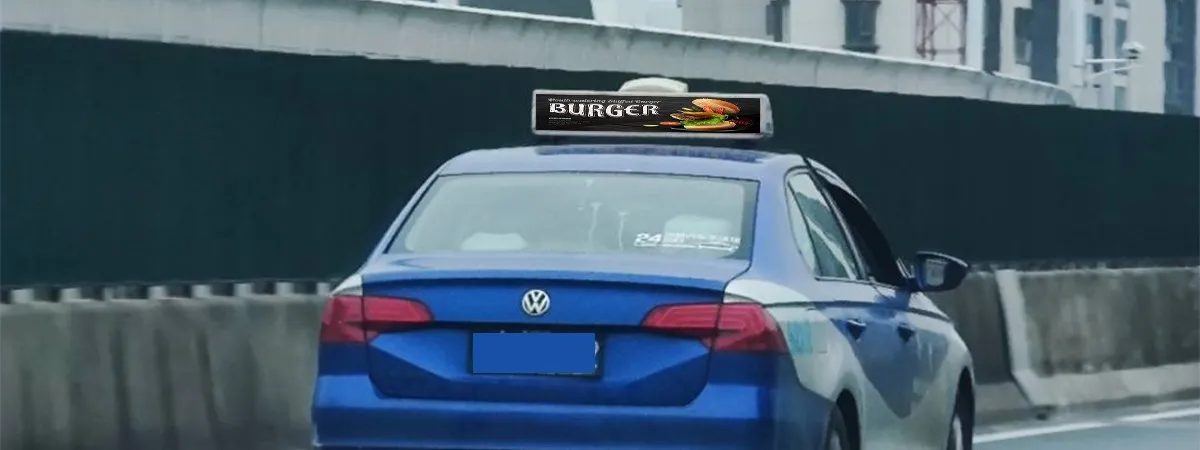 Stretch digital display used in taxis to promote restaurant brands Stretch digital display used in taxis to promote restaurant brands